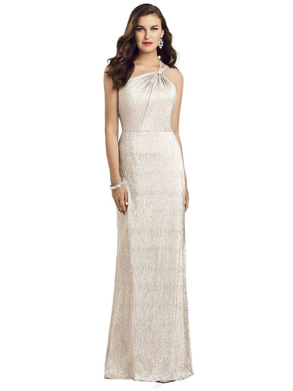 Dessy 3064...One shoulder, Twist metallic trumpet gown....Rose Gold Sz 12